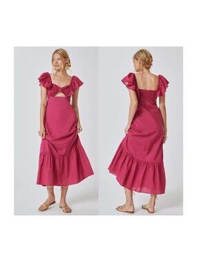 Farm Rio x Anthropologie Ruffle Midi Dress Fuschia Smocked SMALL